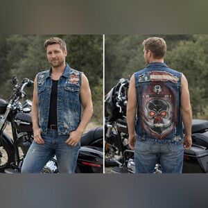 Agile Denim SZ LG Men’s Vest w American Flag hand-painted Navy Seal Skull